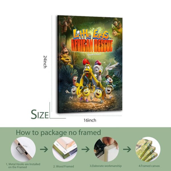 Framed canvas print of Little Egg's African Rescue featuring colorful animated characters in jungle adventure scene with professional packaging display.