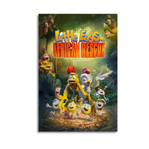 Little Egg's African Rescue animated movie poster featuring colorful egg characters and jungle animals in an adventurous forest