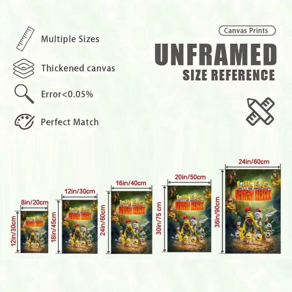 Little Eggs African Rescue canvas print size reference chart showing five different dimensions from 8x12 to 24x36 inches with quality specifications for unframed wall art options.