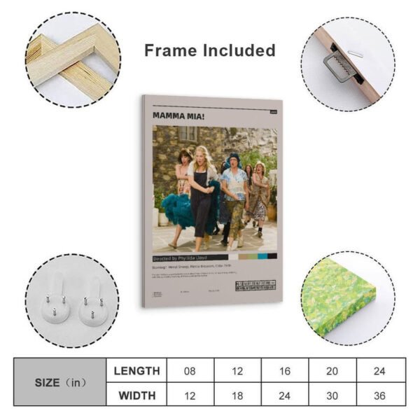 Mamma Mia framed movie poster with wooden frame, hanging hardware, and size chart showing dimensions from 8x12 to 24x36 inches, ready to hang wall art.
