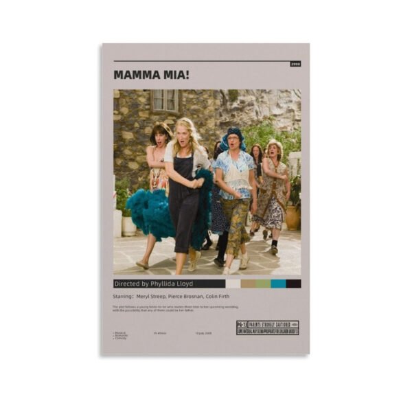 Mamma Mia movie poster featuring Meryl Streep, Pierce Brosnan, and Colin Firth in Mediterranean Greek island setting, directed by Phyllida Lloyd, 2008 musical comedy.