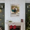 Mamma Mia movie poster displayed above white marble fireplace in elegant living room with Christmas decorations, gold stars, and green accent walls.