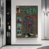 MC Ren vintage comic book poster displayed as wall art in modern minimalist interior with black shelving