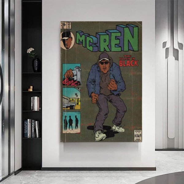 MC Ren vintage comic book poster displayed as wall art in modern minimalist interior with black shelving