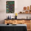 MC Ren vintage comic poster displayed in modern Scandinavian kitchen with wood cabinets and floating shelves