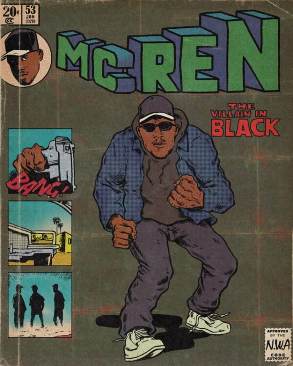 Vintage McRen "The Villain in Black" comic book style poster featuring urban street character perfect for hip hop culture wall decor and comic collectors.