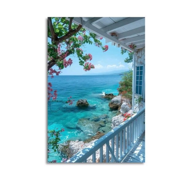 Mediterranean canvas wall art featuring Greek balcony with turquoise ocean view, bougainvillea flowers and white architecture