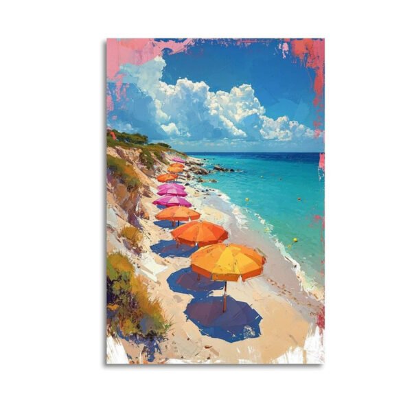 Mediterranean beach scene canvas art featuring colorful umbrellas on pristine sandy beach with turquoise waters and dramatic cloudy sky