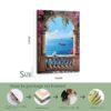 Mediterranean terrace canvas art 16x24 inches showing professional framing and packaging process with installation hooks and wood frame construction.