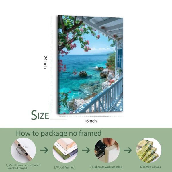 Mediterranean coastal canvas print 24x16 inches with 4-step unframed packaging and shipping process guide