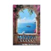 Mediterranean terrace canvas art featuring stone archway with bougainvillea flowers, white cat on balustrade, and sailing yacht on blue ocean waters.