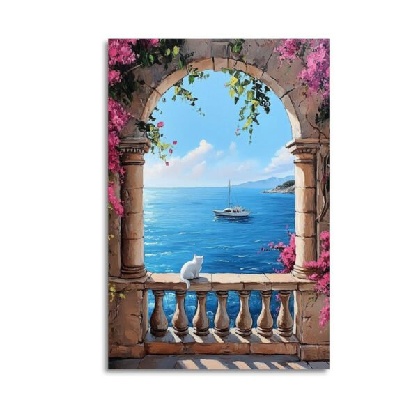 Mediterranean terrace canvas art featuring stone archway with bougainvillea flowers, white cat on balustrade, and sailing yacht on blue ocean waters.