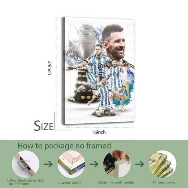 Messi Argentina canvas print 16x24 inches with packaging guide showing metal hooks, wood frame, and elaborate workmanship for framed sports wall art