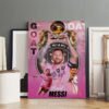 Lionel Messi GOAT canvas artwork featuring Ballon d'Or trophies and Inter Miami imagery displayed in art studio setting