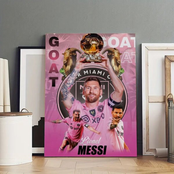 Lionel Messi GOAT canvas artwork featuring Ballon d'Or trophies and Inter Miami imagery displayed in art studio setting