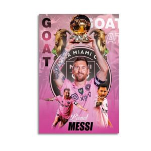 Lionel Messi GOAT canvas artwork featuring Inter Miami pink jersey with Ballon d'Or trophy celebration and championship imagery