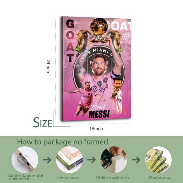 Messi GOAT canvas print 16x24 inch size demonstration with step-by-step unframed packaging and shipping process guide