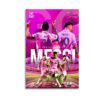 Messi GOAT canvas wall art featuring dynamic football action scenes in vibrant pink design for sports fans