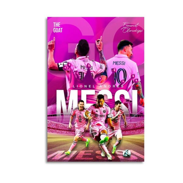 Messi GOAT canvas wall art featuring dynamic football action scenes in vibrant pink design for sports fans