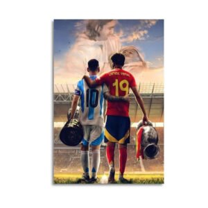 Messi and Lamine Yamal inspirational football canvas artwork showing Argentina and Spain players with motivational backdrop