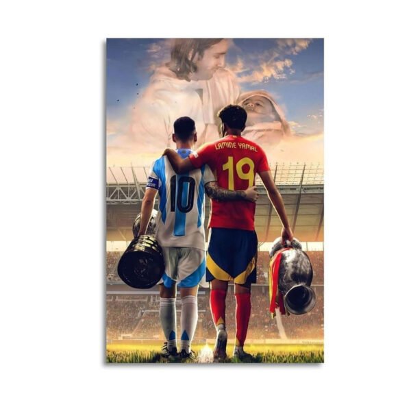Messi and Lamine Yamal inspirational football canvas artwork showing Argentina and Spain players with motivational backdrop