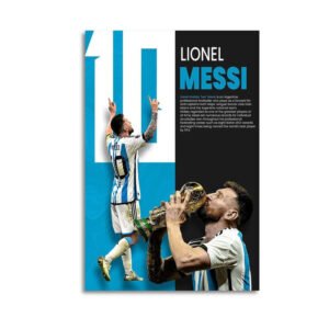 Lionel Messi World Cup celebration poster showing victory pose and trophy kiss moment with Argentina colors and biographical achievements