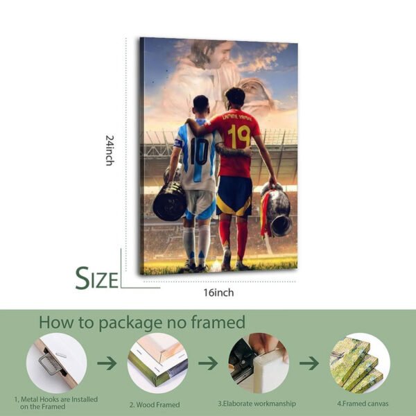 Messi Lamine Yamal framed canvas football artwork showing 16-inch and 24-inch sizes with professional packaging process