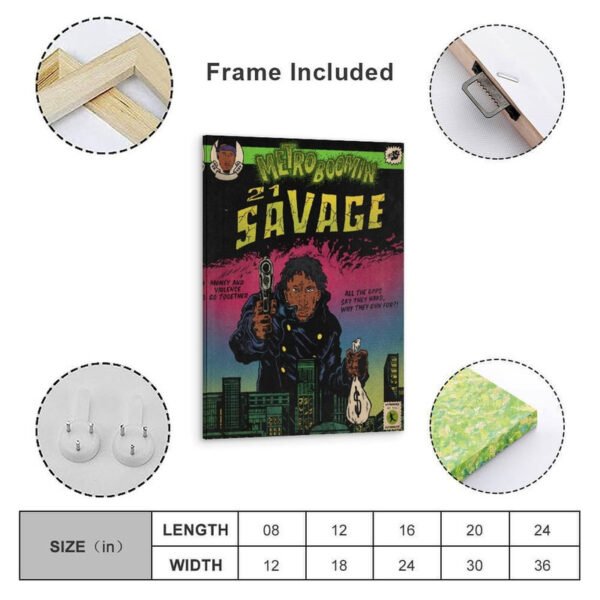 Metro Boomin and 21 Savage framed poster with frame included, showing size chart and hanging hardware details