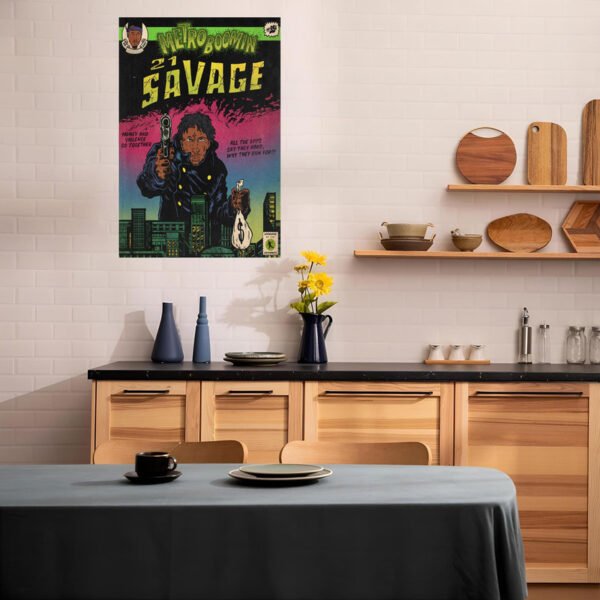 Metro Boomin and 21 Savage vintage comic poster displayed as wall art in modern Scandinavian kitchen with wood cabinetry