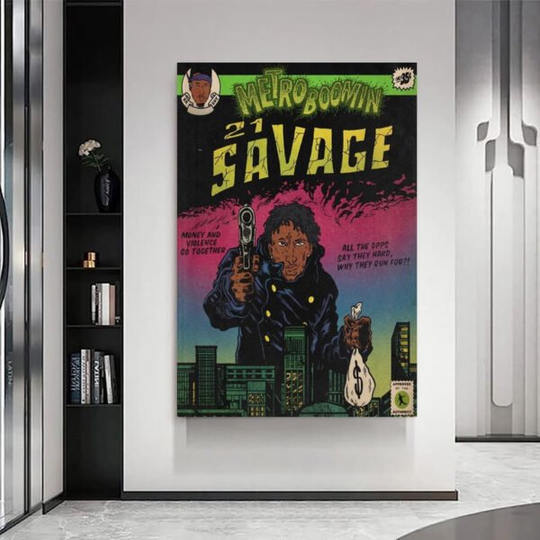Metro Boomin and 21 Savage vintage comic poster displayed as modern wall art in luxury contemporary interior