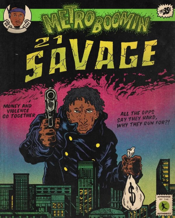Metro Boomin and 21 Savage vintage comic book style poster with retro urban cityscape and classic comic book typography