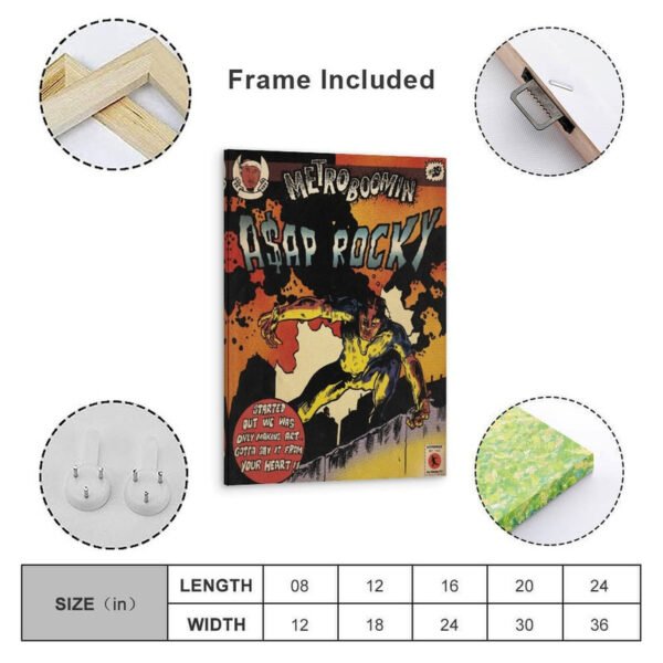 Metro Boomin A$AP Rocky framed poster with size chart showing multiple dimensions and frame details