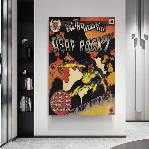 Metro Boomin A$AP Rocky vintage comic poster displayed in modern minimalist living room interior