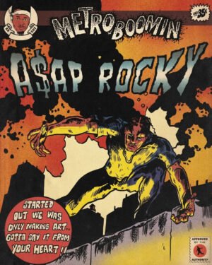 Vintage comic book style poster featuring Metro Boomin and A$AP Rocky with retro hip-hop artwork