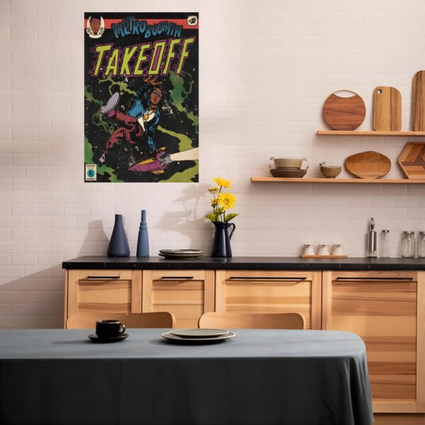 Metro Boomin Takeoff vintage comic poster displayed as wall art in modern Scandinavian kitchen with wooden cabinets and floating shelves.