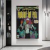 Metro Boomin hip hop comic poster displayed in modern minimalist interior with built-in shelving and marble floors