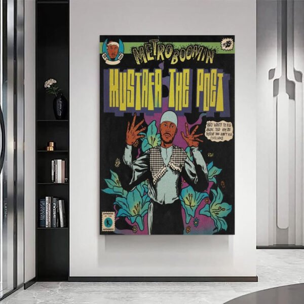 Metro Boomin hip hop comic poster displayed in modern minimalist interior with built-in shelving and marble floors