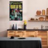 Metro Boomin hip hop comic poster displayed in modern Scandinavian kitchen with wood cabinets and natural decor