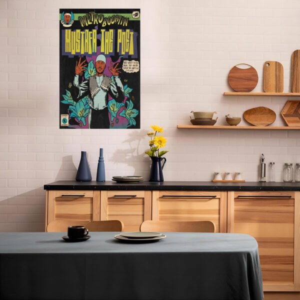 Metro Boomin hip hop comic poster displayed in modern Scandinavian kitchen with wood cabinets and natural decor