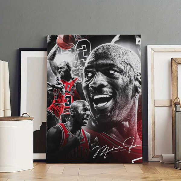 Large Michael Jordan artistic poster featuring Bulls #23 jersey with black white photography and red accents displaying championship moments and signature