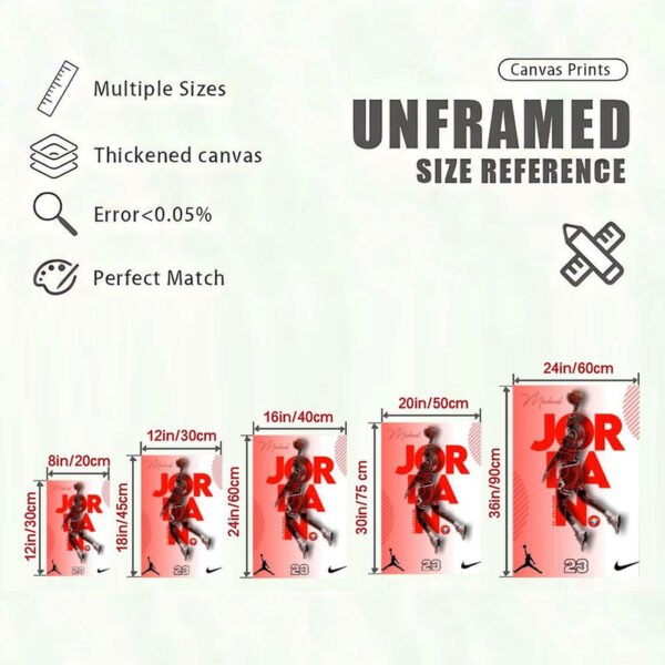 michael-jordan-canvas-print-size-reference-guide.jpg Michael Jordan canvas print size reference chart showing 5 different unframed sizes from 8x12 to 24x36 inches with quality specifications