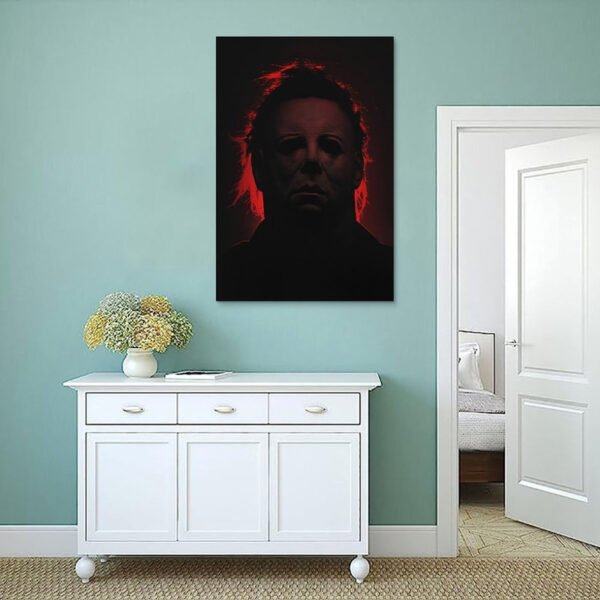 Michael Myers canvas wall art hanging in mint green bedroom with white furniture and minimalist decor
