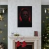 Michael Myers canvas wall art displayed above fireplace in elegant holiday-decorated living room with Christmas decor