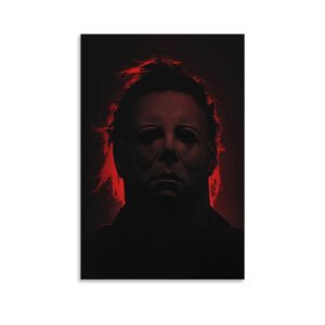 Michael Myers canvas wall art with dramatic red backlighting effect on white background, horror movie character portrait print