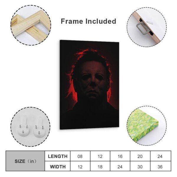 Michael Myers framed canvas art with frame included, hanging hardware, and multiple size options from 8x12 to 24x36 inches