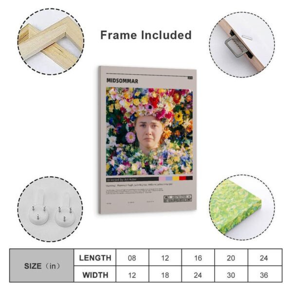 Framed Midsommar movie poster featuring Florence Pugh with frame details and multiple size options for wall art display.