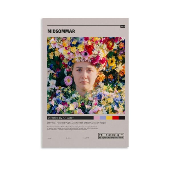 Midsommar movie poster featuring Florence Pugh surrounded by colorful wildflowers, directed by Ari Aster, A24 horror film 2019.