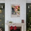 Midsommar movie poster displayed above Christmas fireplace mantel with holiday decorations, stockings, and gold ornaments in elegant living room setting.
