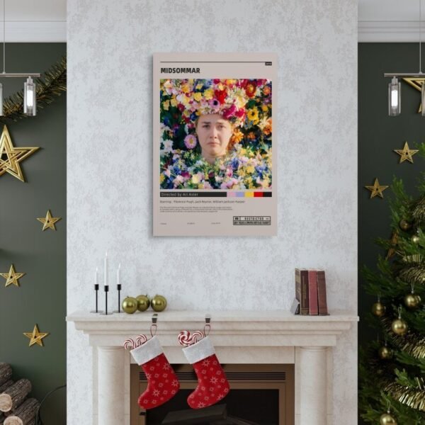 Midsommar movie poster displayed above Christmas fireplace mantel with holiday decorations, stockings, and gold ornaments in elegant living room setting.