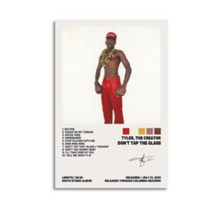A minimalist poster for a concept album by Tyler, The Creator called "Don't Tap The Glass." The print features a photo of the artist, a full tracklist, and a color palette on an off-white background.